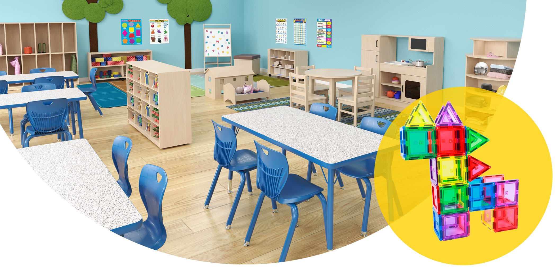 Early childhood classroom with a yellow bubble overlaid the right with magnitiles inside
